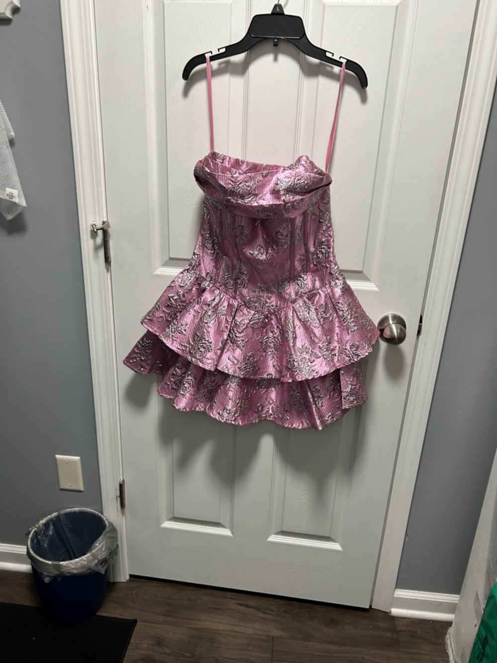 Pink Metallic Jacquard Tiered Mini Dress